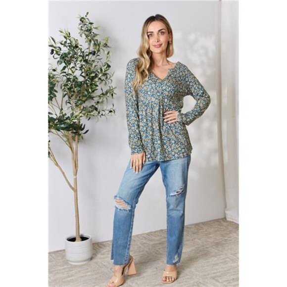 Heimish Full Size Floral Half Button Long Sleeve Blouse - Picture 4 of 10